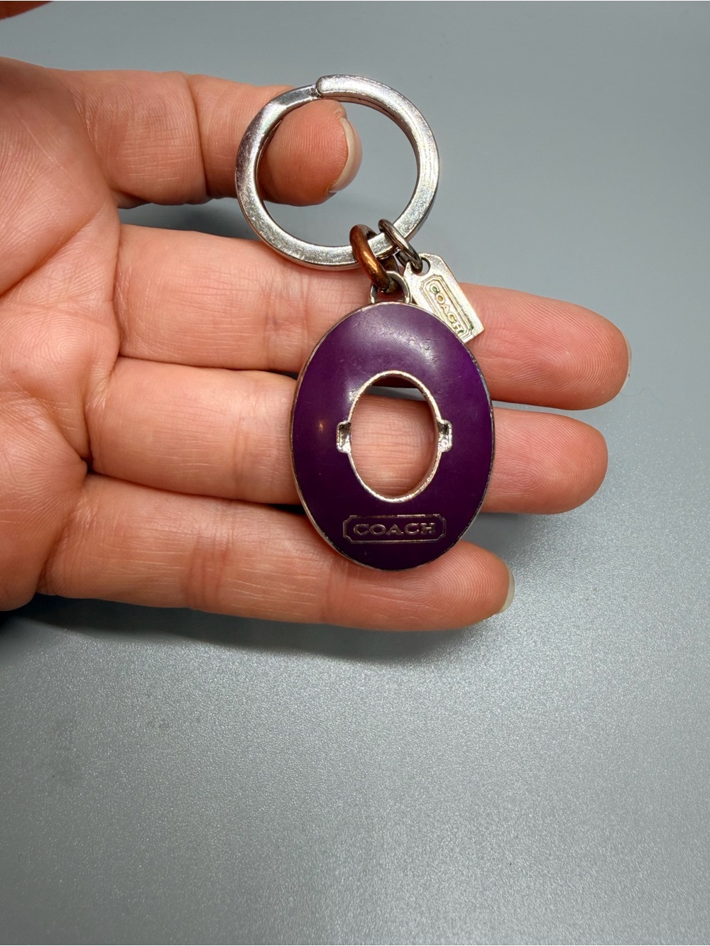 Coach Purple Enamel Oval Keyring Charm with Logo Tag